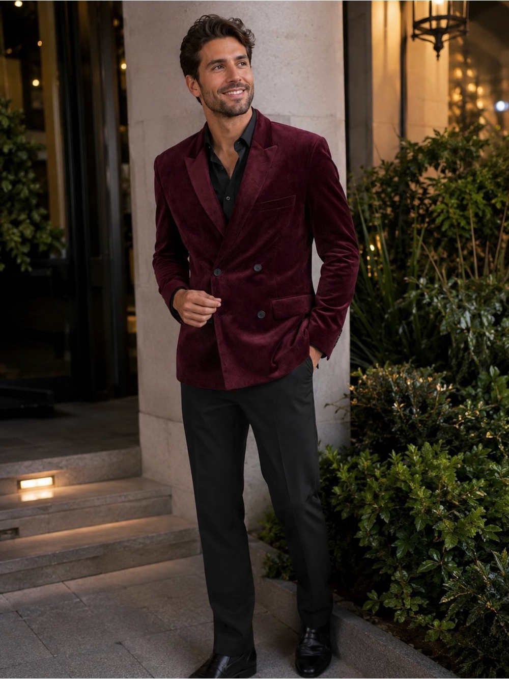 INC Blazer Suit Jacket Mens Small Burgundy Velvet Double Breasted Lined